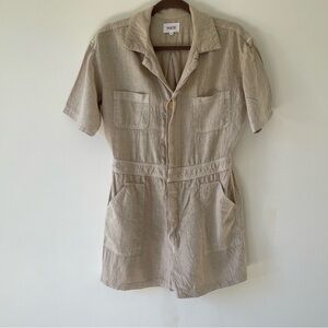 Mate the label linen romper button down pockets short sleeve beige size M